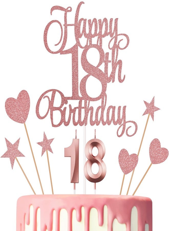 Lecferrarc 18th Birthday Cake Decorations, 18th Birthday Candles Cake Numeral Candles and Glitter Happy 18th Birthday Cake Toppers Set for Birthday Party Supplies (Rose Gold) - Image 1